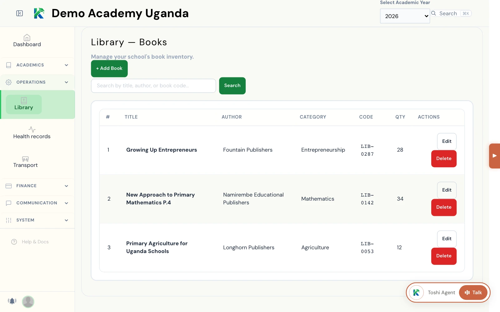 KlassApp library books page: a searchable table of school textbooks with title, author, category, code and quantity