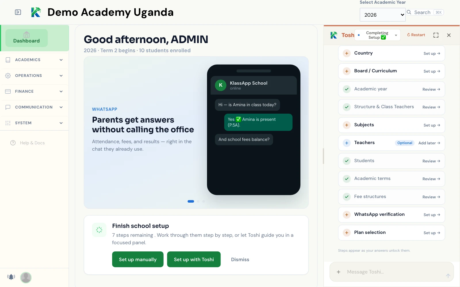 KlassApp school-admin dashboard for a demo school: term and enrolment summary, a WhatsApp feature card, the Finish school setup checklist, and the Toshi panel listing each setup step